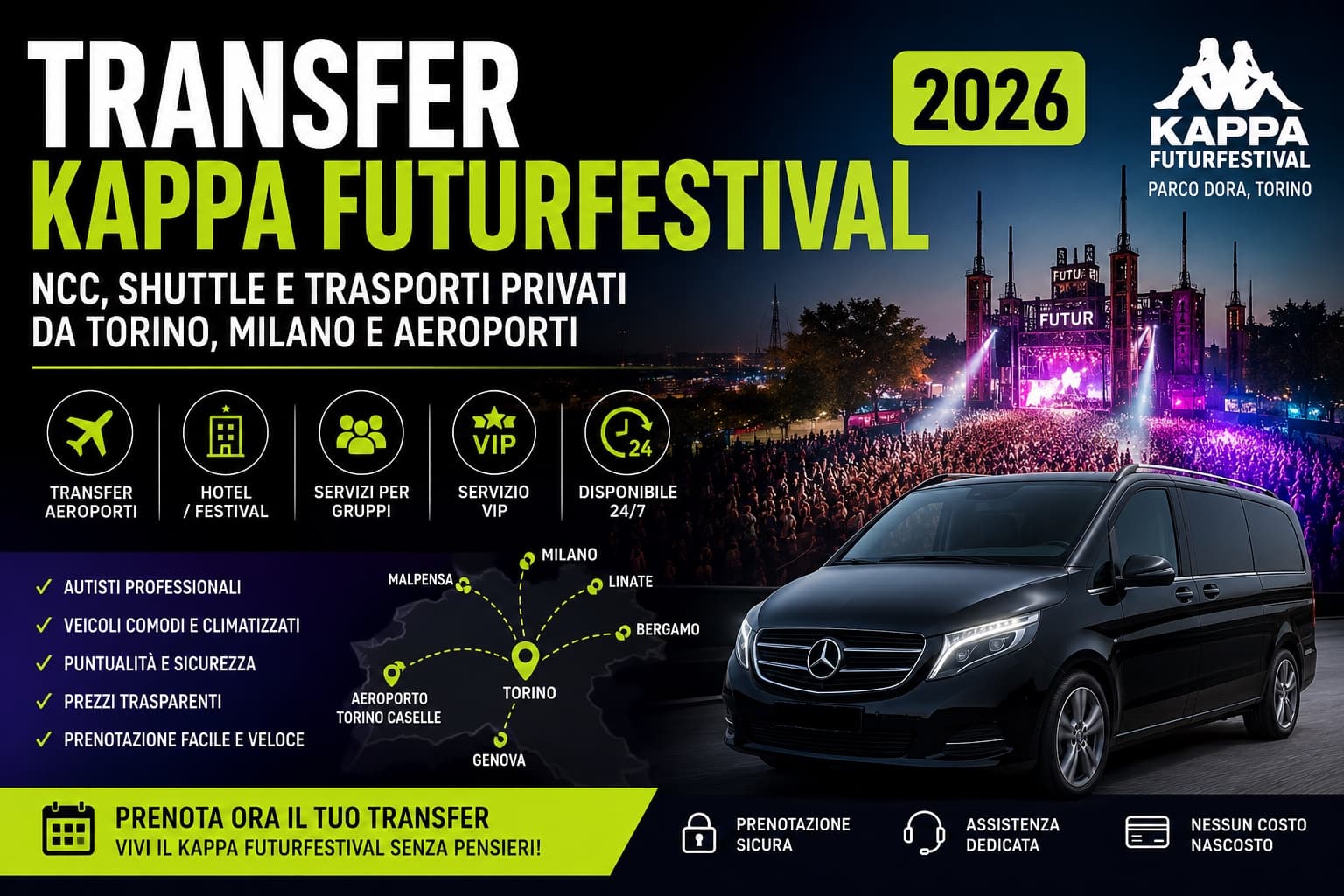Transfer Kappa FuturFestival 2026: NCC, Shuttle e Trasporti Privati da Torino, Milano e Aeroporti